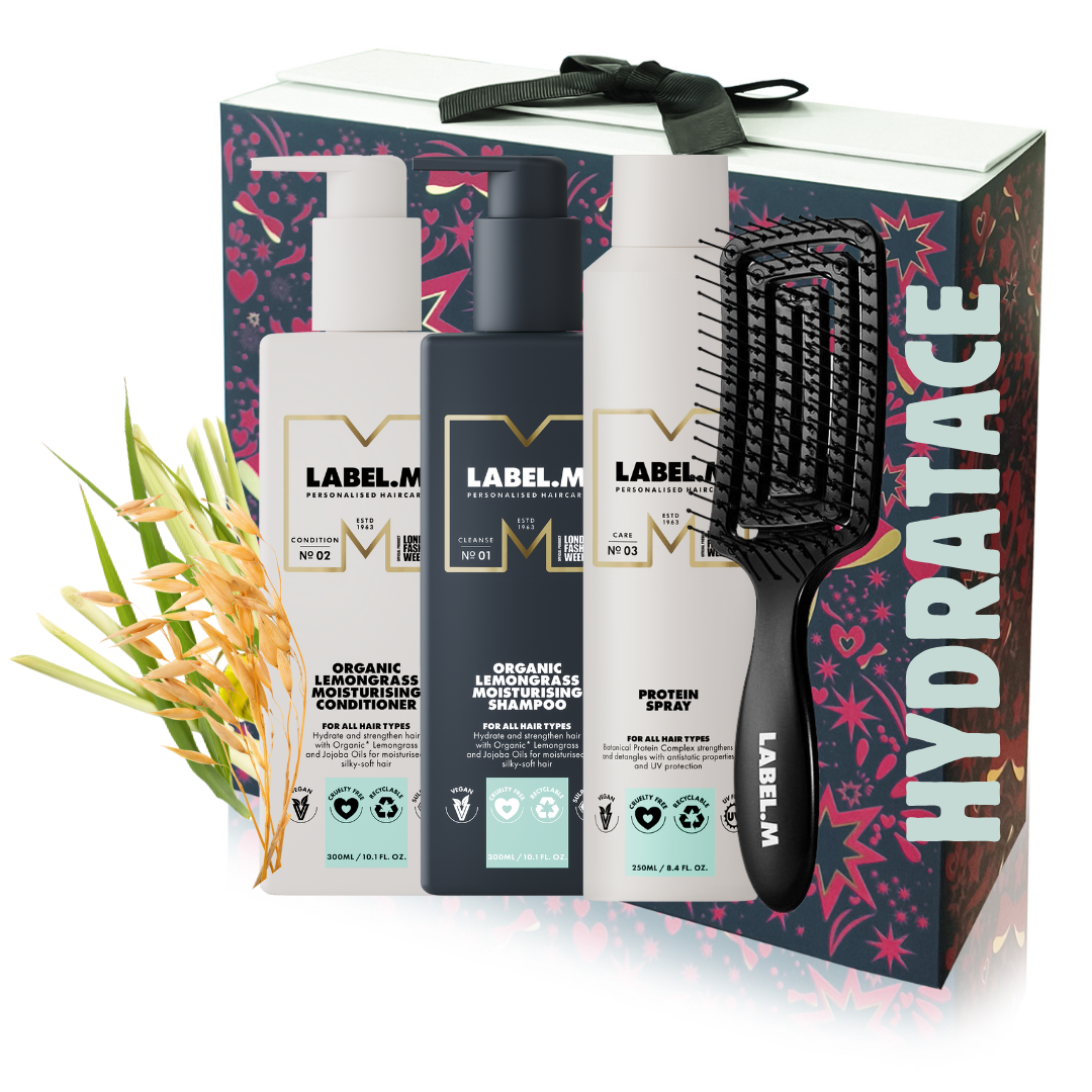 Vánoční set pro hydrataci a posílení Organic Lemongrass šampón, kondicionér, proteinový sprej + kartáč